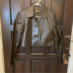 Vintage Chocolate Olive Brown Cropped Leather Button Down Jacket – Size P